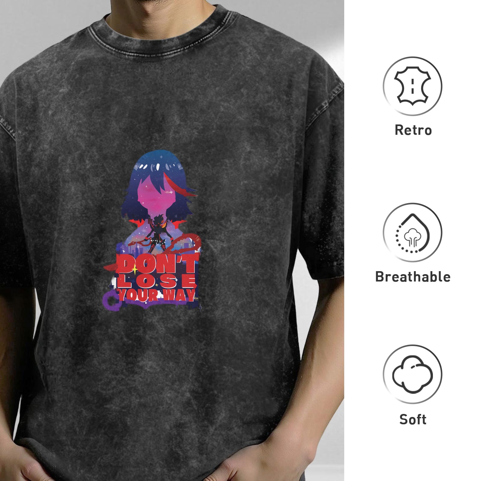 Washed black anime graphic t-shirt with don't lose your way text