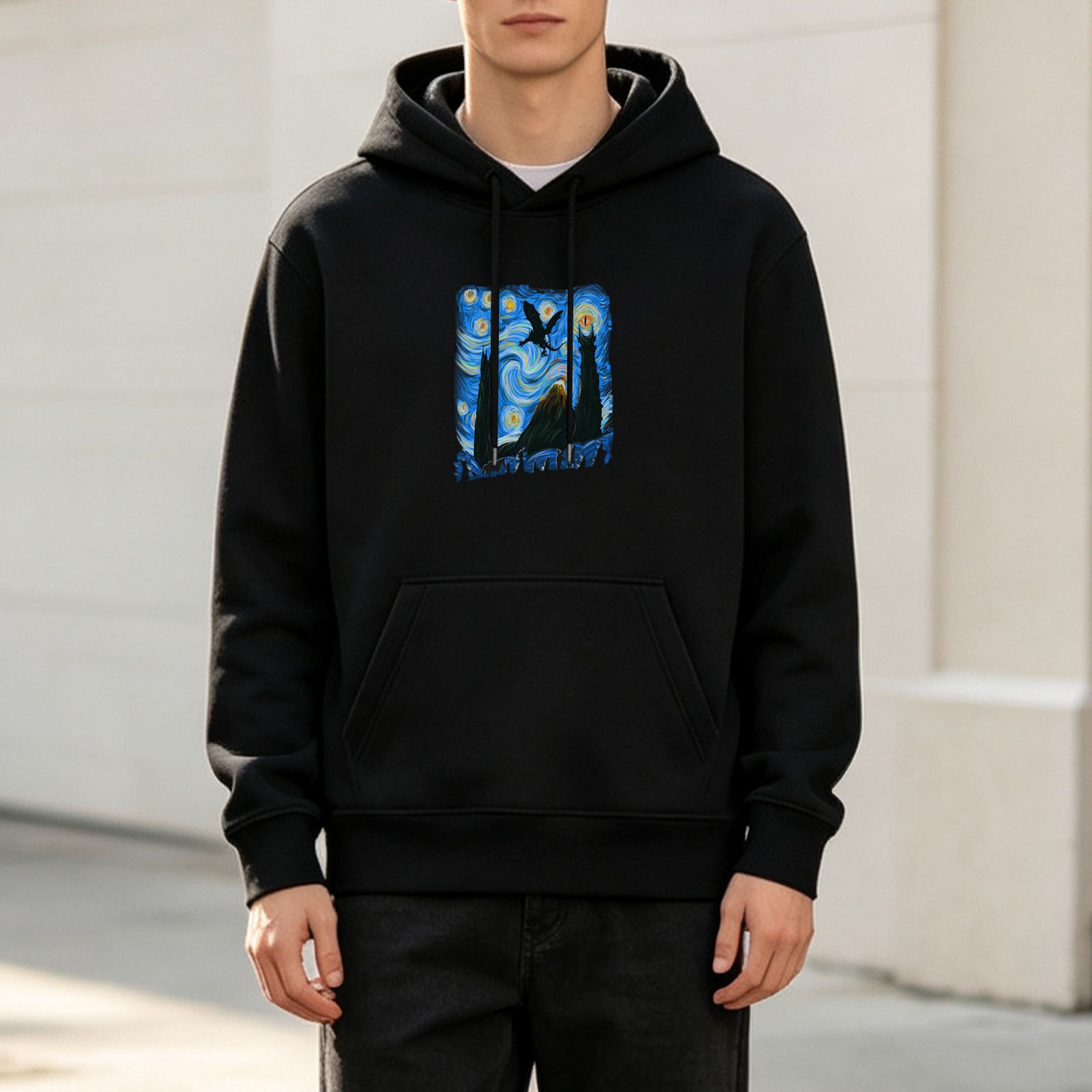 Black hoodie with Starry Night style fantasy landscape print