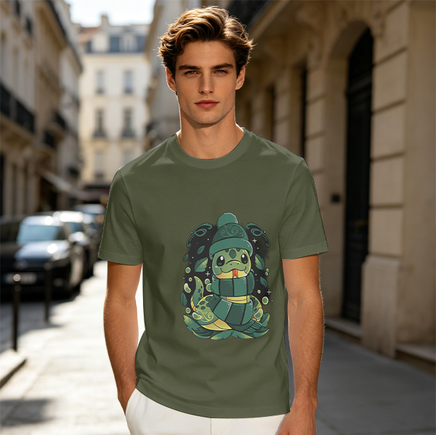 Olive Green T-Shirt With Cute Cartoon Snake Graphic