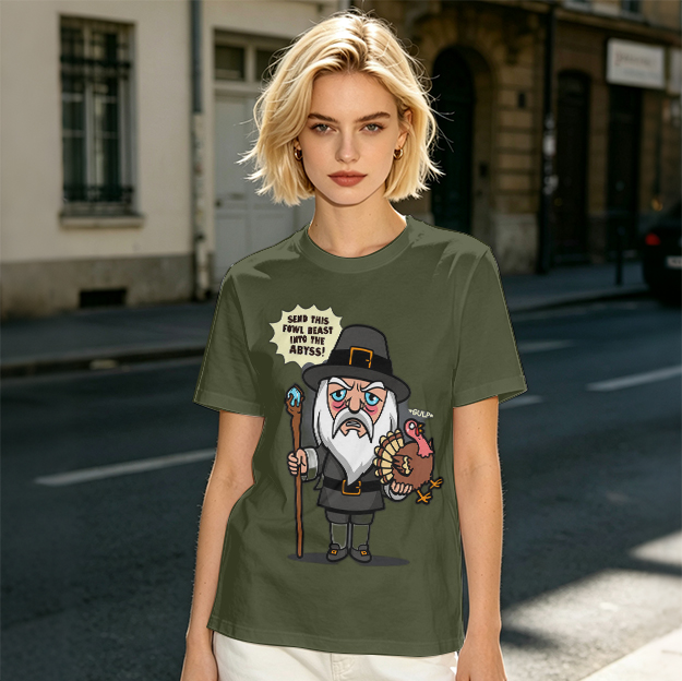 Wizard Pilgrim Holding Turkey Funny Thanksgiving T-Shirt Design