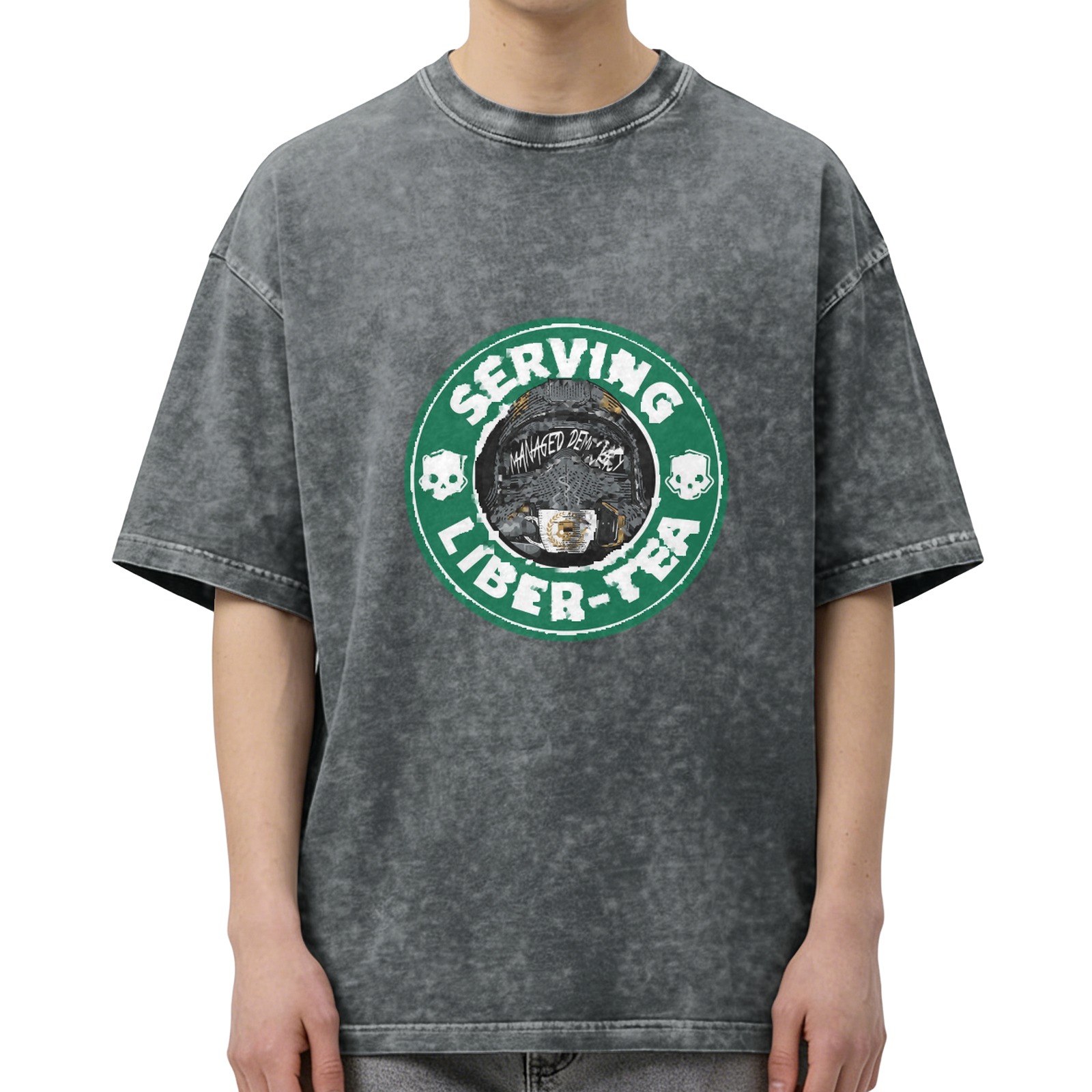 Oversized Acid Wash Graphic T-Shirt with 'SERVING LIBER-TEA' Print