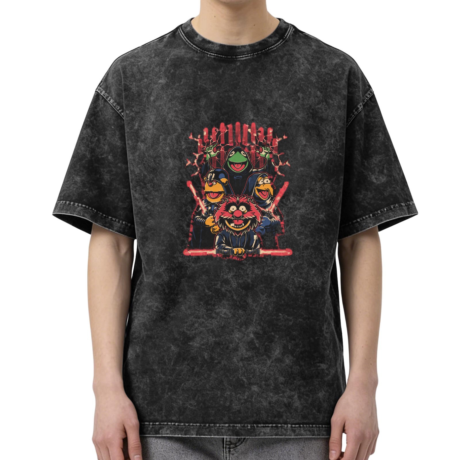 Washed black t-shirt with Muppets Star Wars Sith Lords graphic print