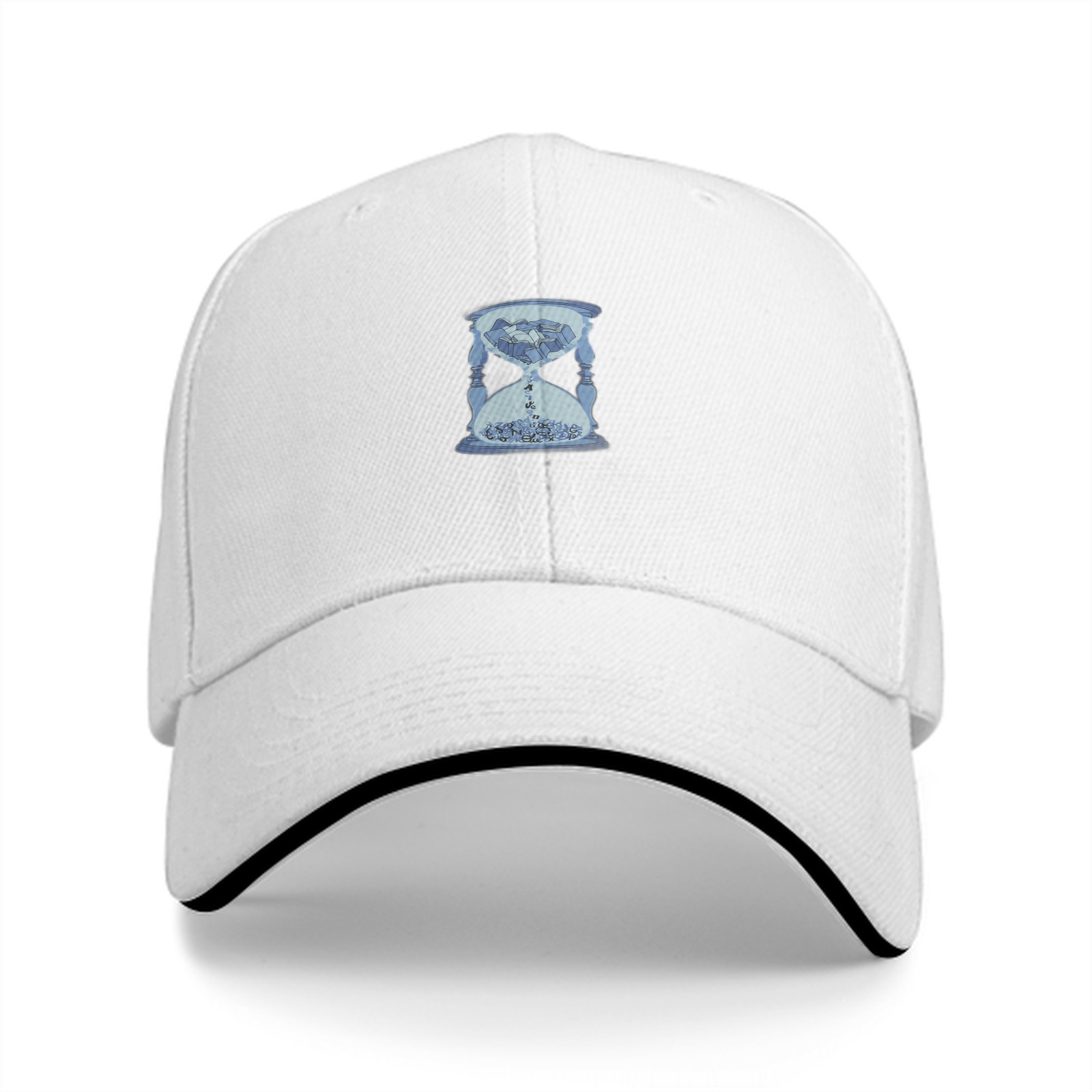 Black baseball cap with light blue hourglass graphic design