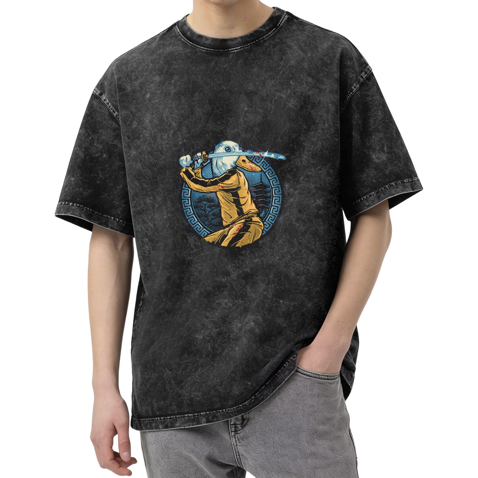 Oversized dark washed t-shirt with duck samurai katana graphic