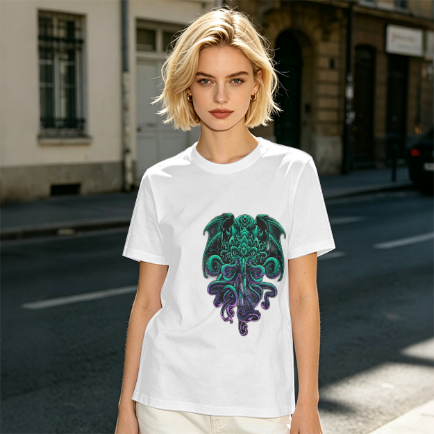 Olive Green T-Shirt With Cthulhu Octopus Dragon Graphic