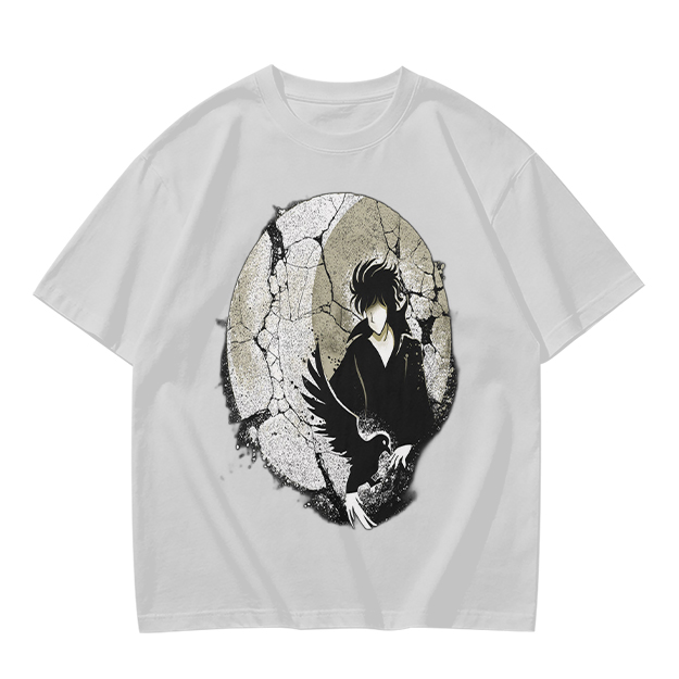 Olive T-shirt with Dark Anime Character and Raven Print