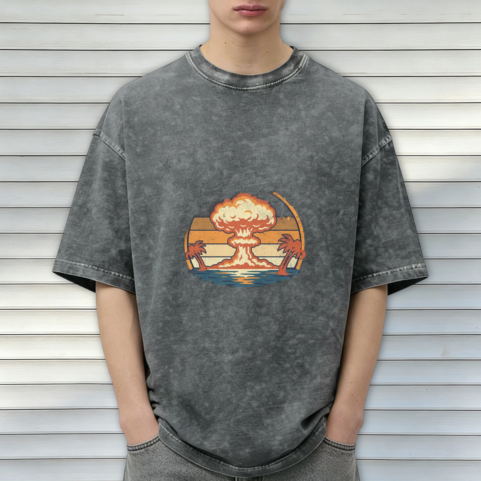 Vintage Acid-Wash Black Oversized T-Shirt with Retro Nuclear Explosion & Palm Tree Sunset Graphic Print
