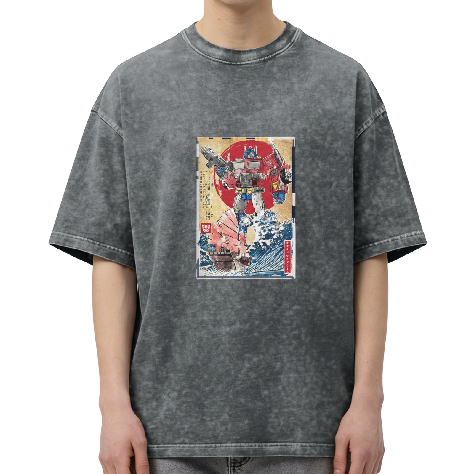 Washed Black T-Shirt with Transformers Ukiyo-e Style Graphic