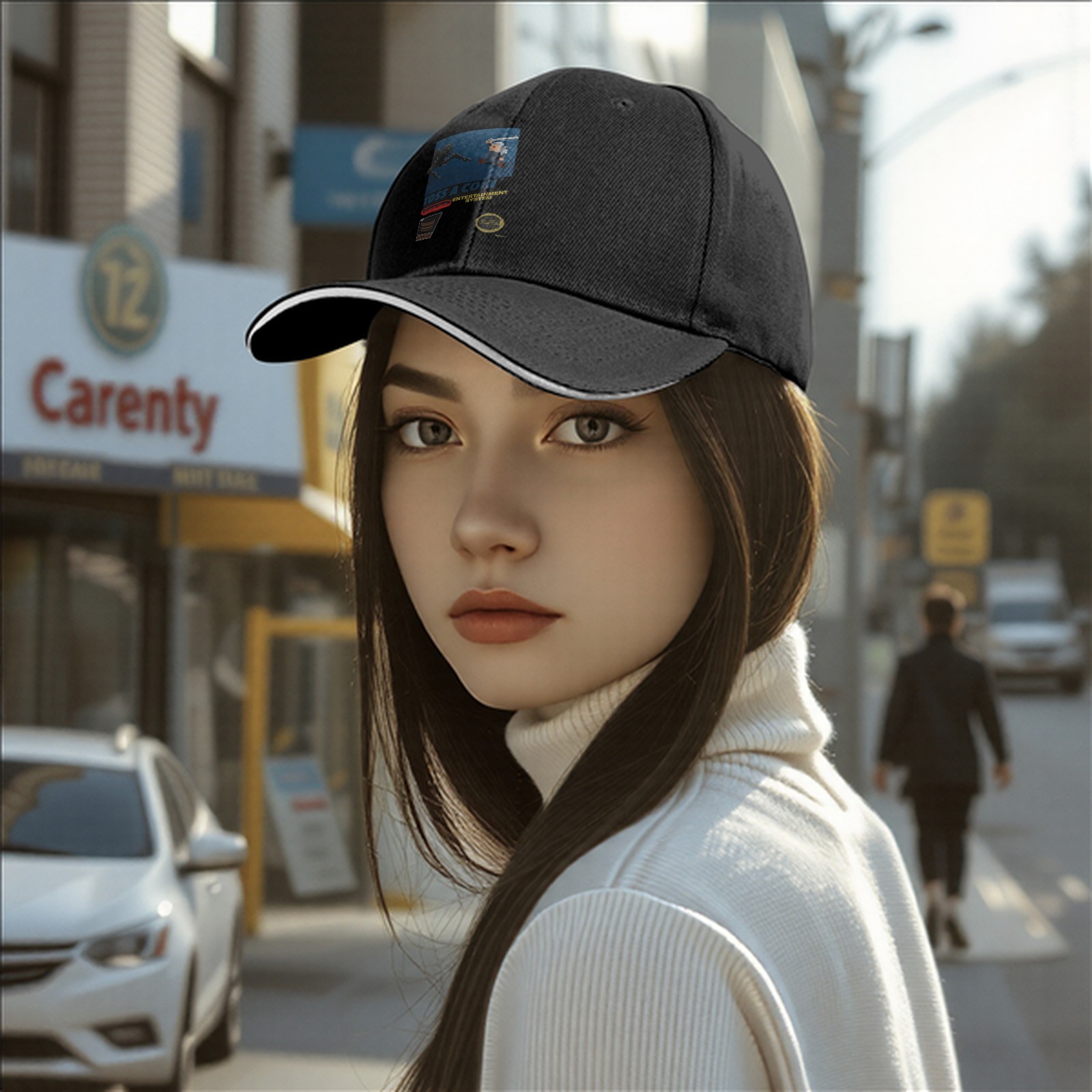 Black baseball cap with retro gaming themed graphic print