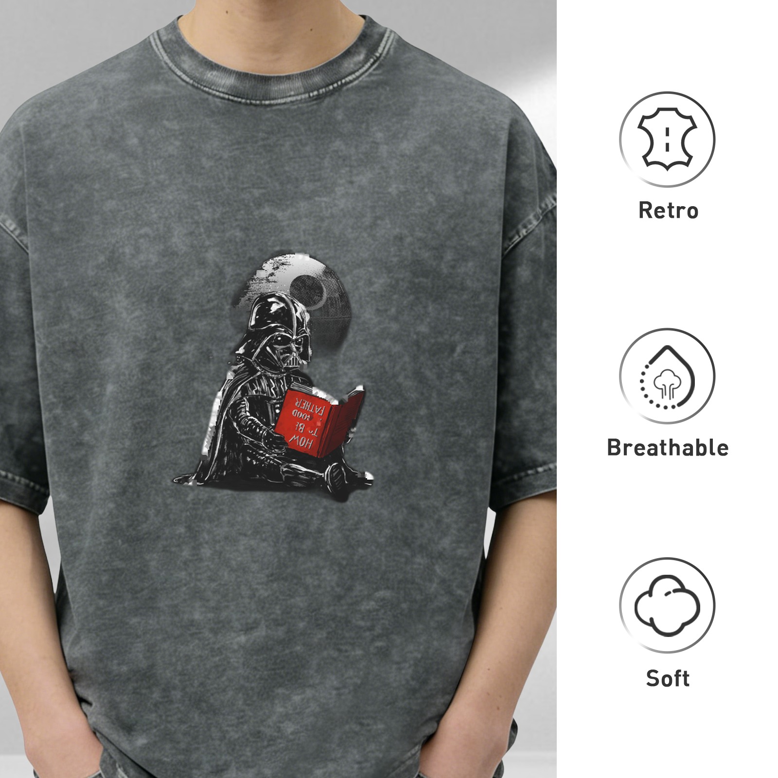 Washed black t-shirt with Darth Vader reading how to be a good father