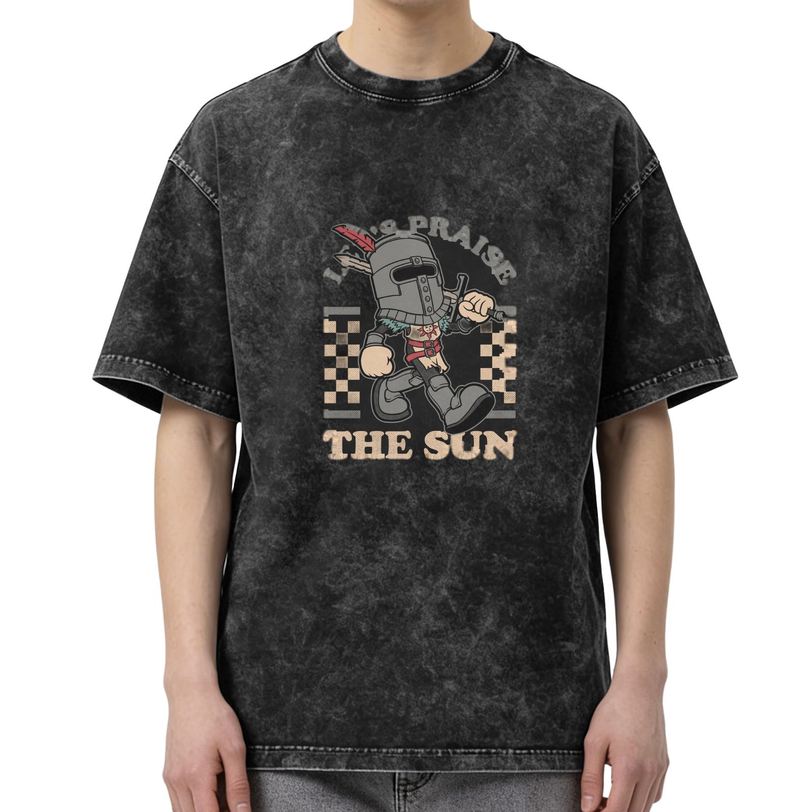 Washed black graphic t-shirt with praise the sun knight design