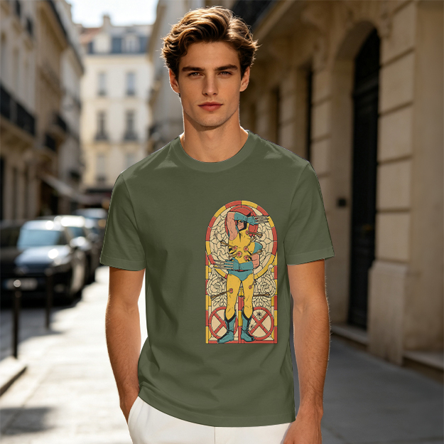 Olive T-shirt with Wolverine Stained Glass Style Print