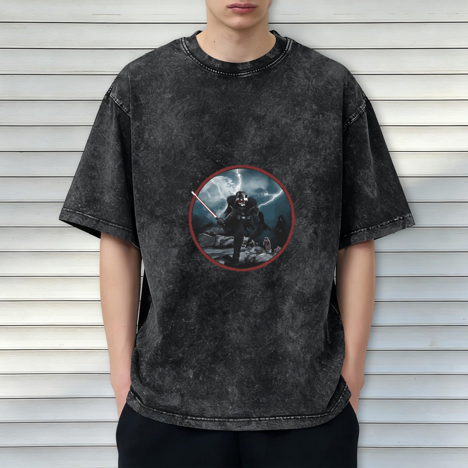 Star Wars Darth Vader Graphic Acid Wash T-Shirt - Dark Gray Oversized Short Sleeve Tee