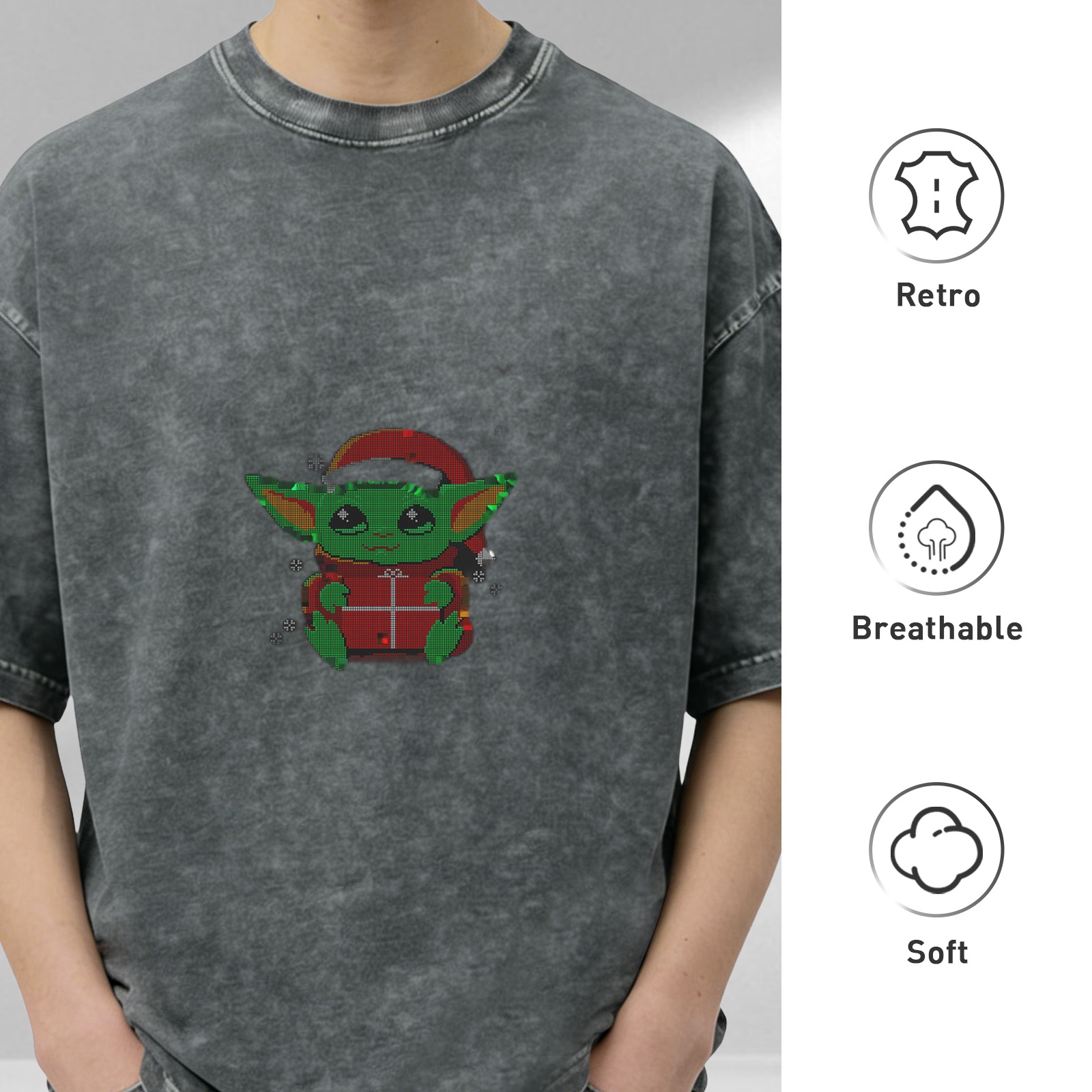 Washed black t-shirt with Christmas Baby Yoda graphic