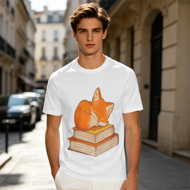 Olive T-Shirt With Sleeping Fox On Stacked Books Print