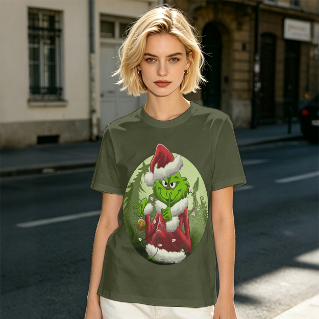 Olive Green T-Shirt Featuring The Grinch In Santa Costume