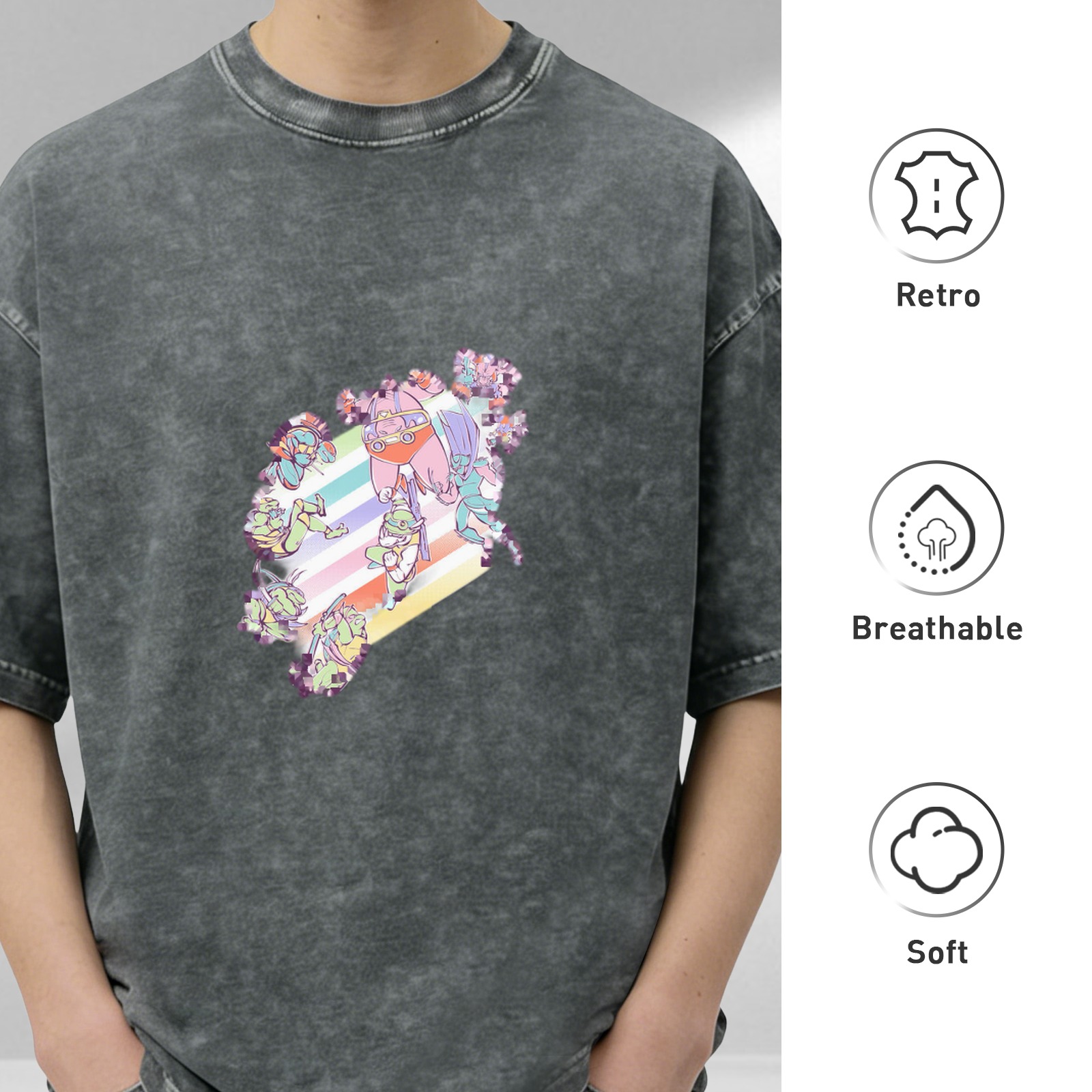 Oversized Acid Wash Graphic T-Shirt with Pastel Anime Characters