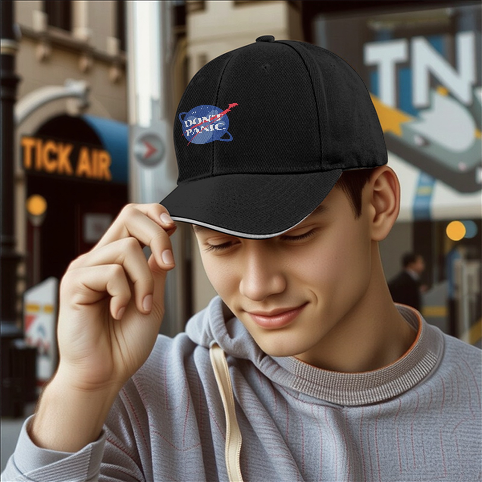 Black baseball cap with Don't Panic NASA-style space graphic