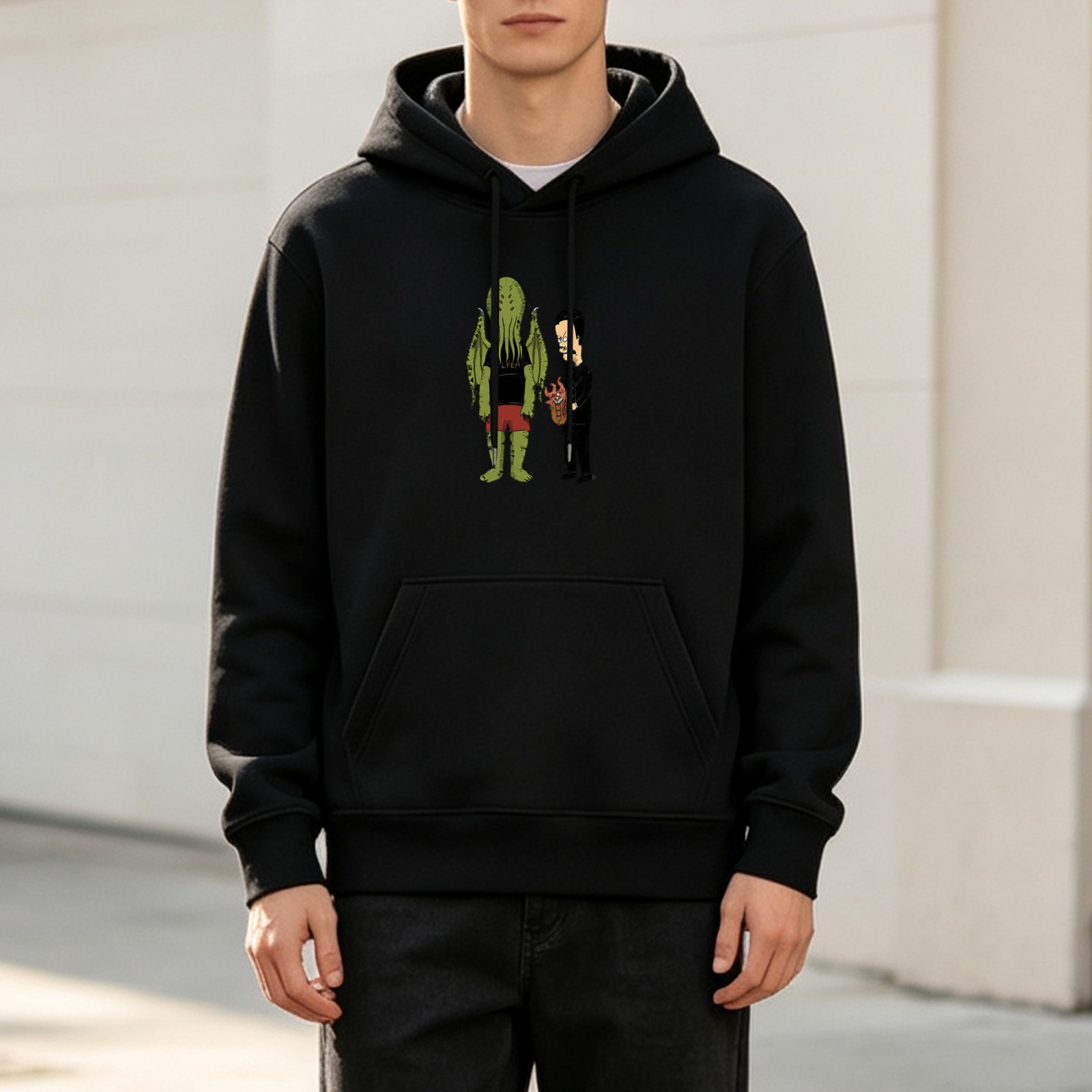 Black hoodie with Cthulhu and cartoon man graphic print