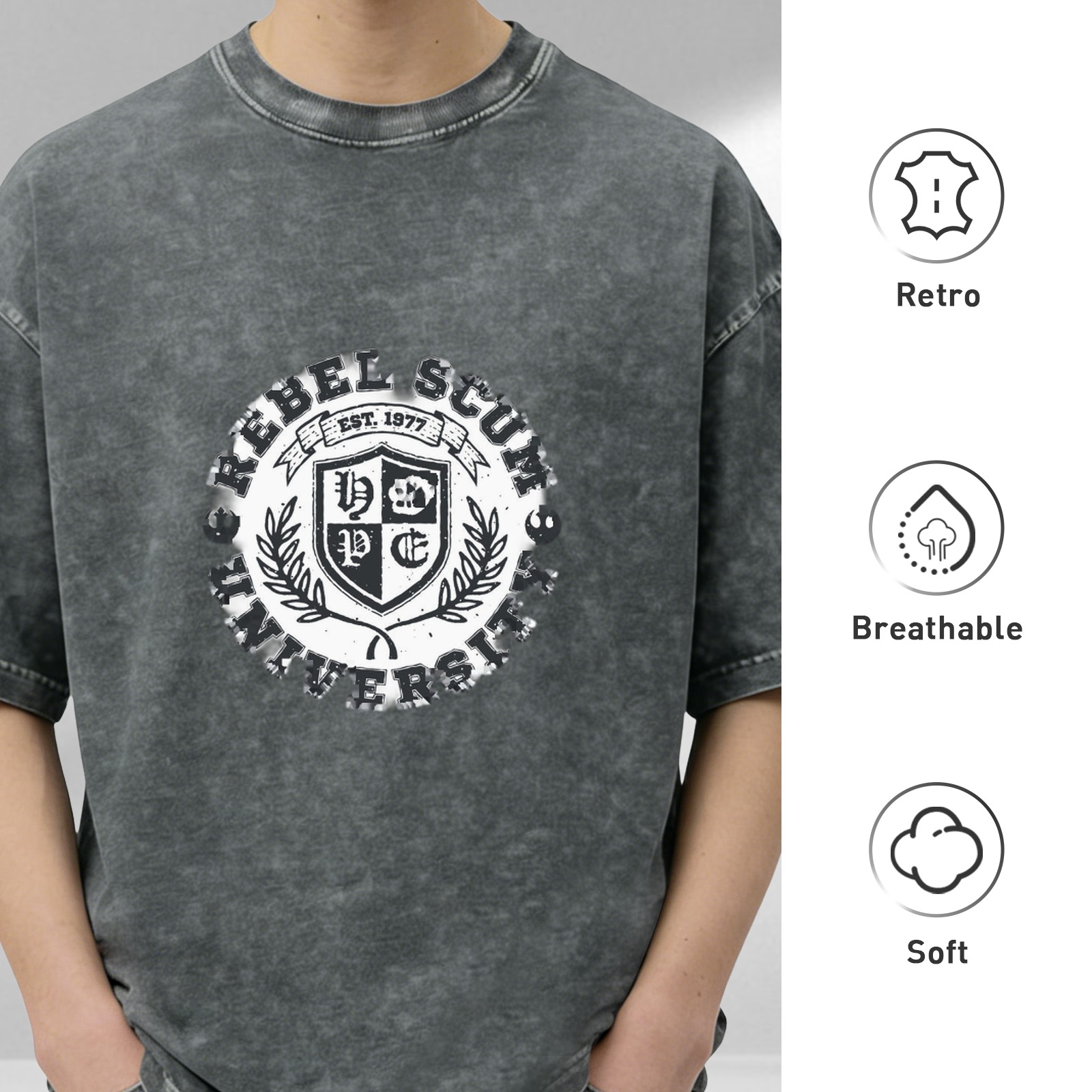 Washed Black Graphic T-Shirt With Rebel Scum University Crest Design