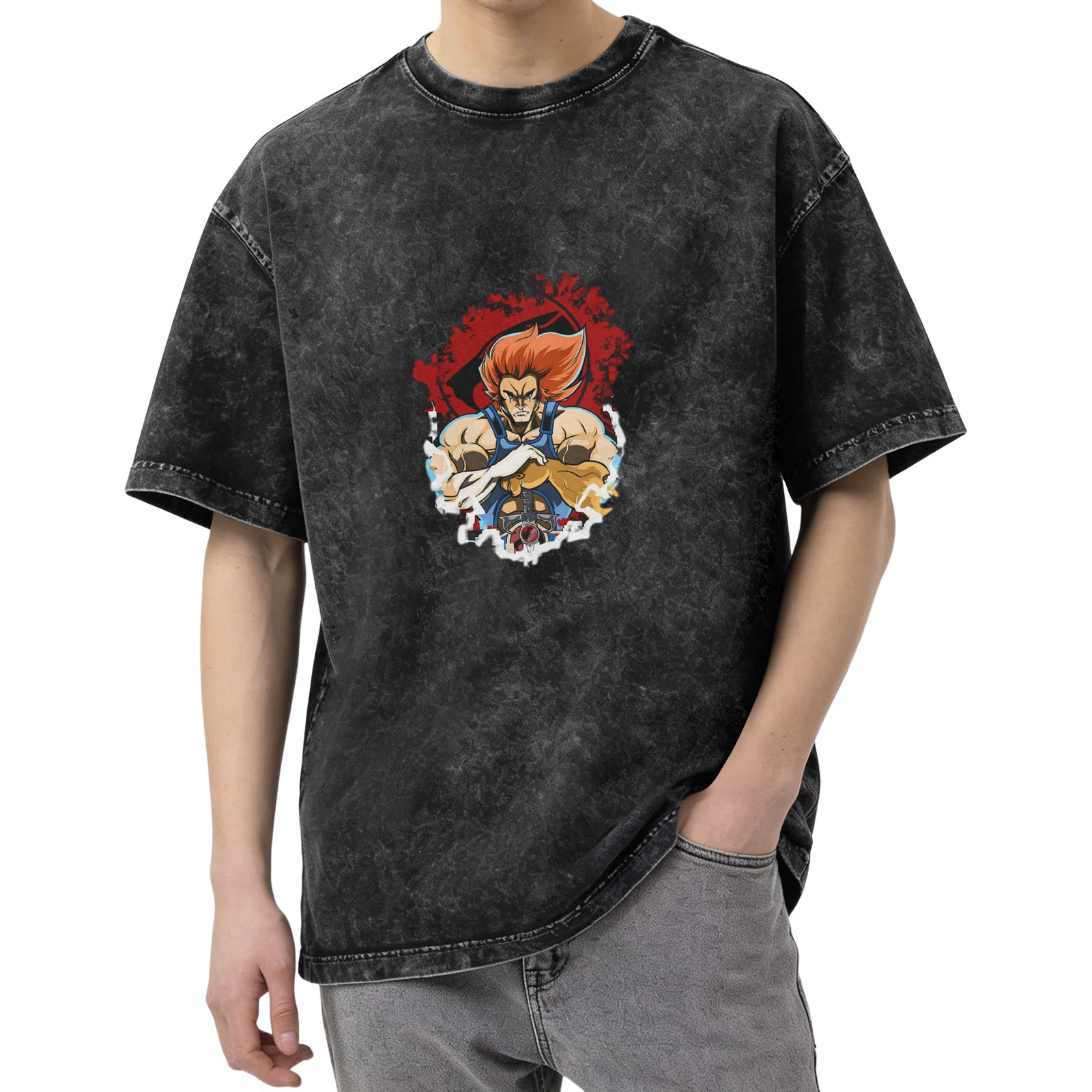Vintage Washed T-Shirt with Retro Anime Lion Character Graphic