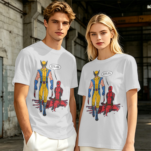 Olive T-Shirt Featuring Wolverine and Deadpool Comic Art