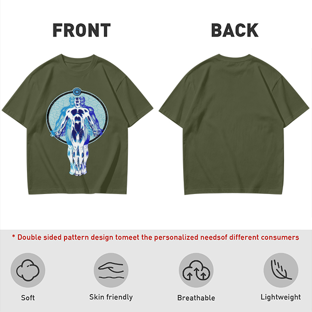 Olive T-Shirt with Glowing Blue Superhero Figure Graphic