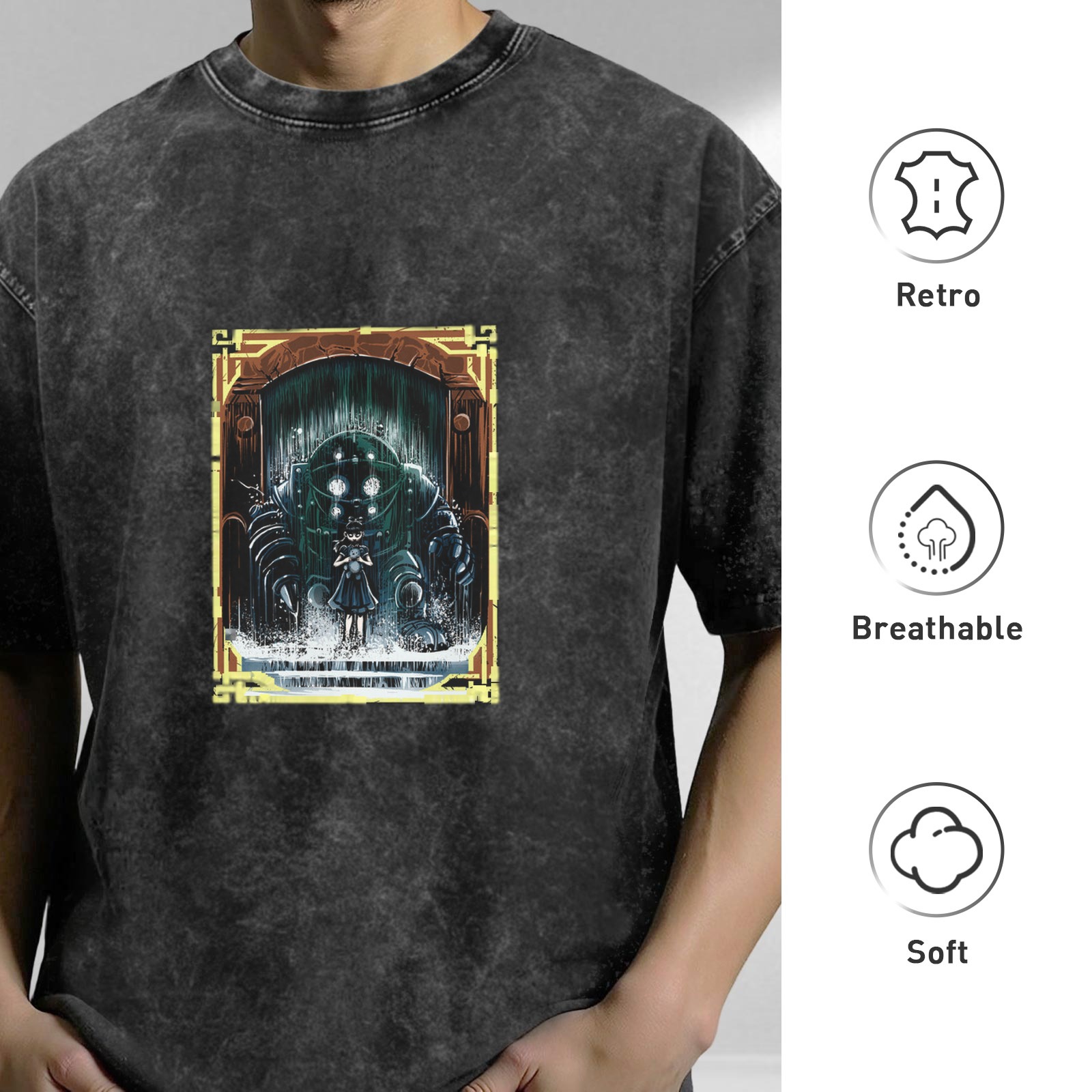 Retro washed black loose short-sleeved T-shirt with BioShock theme print