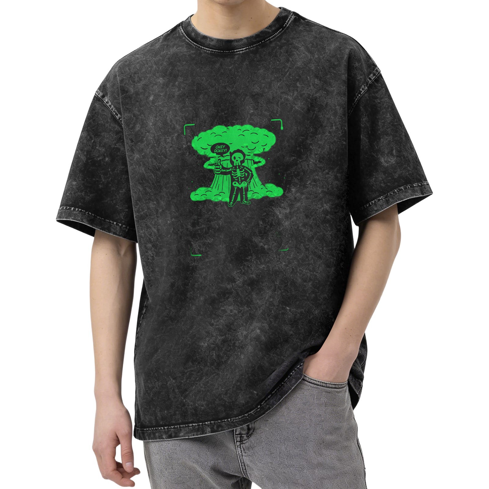 Distressed black nuclear explosion skull middle finger funny printed short-sleeved T-shirt