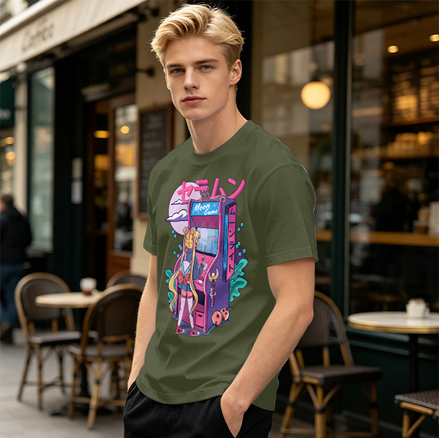 Anime girl playing moon arcade game graphic tee