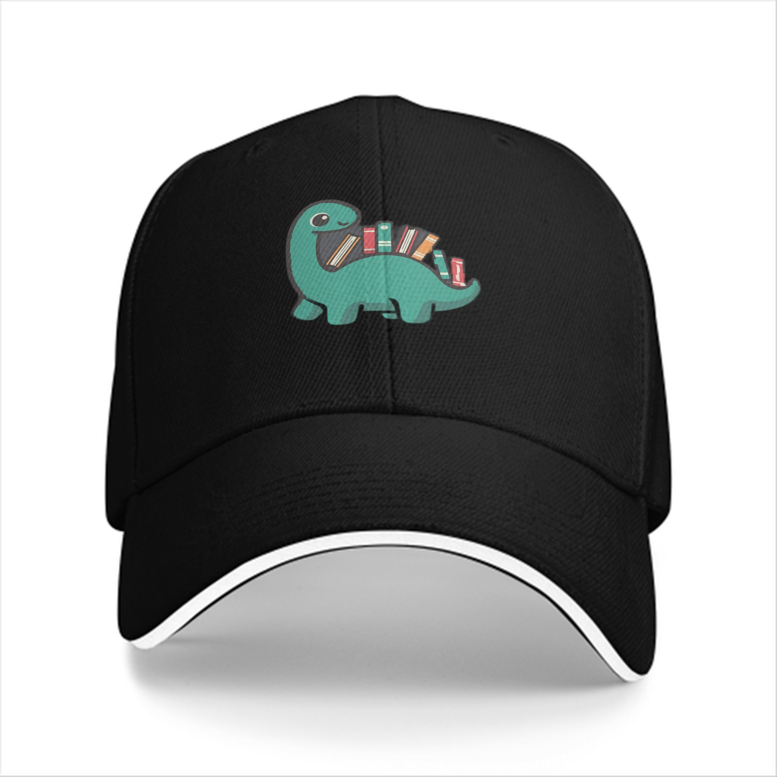 Black baseball cap with cute dinosaur carrying books graphic