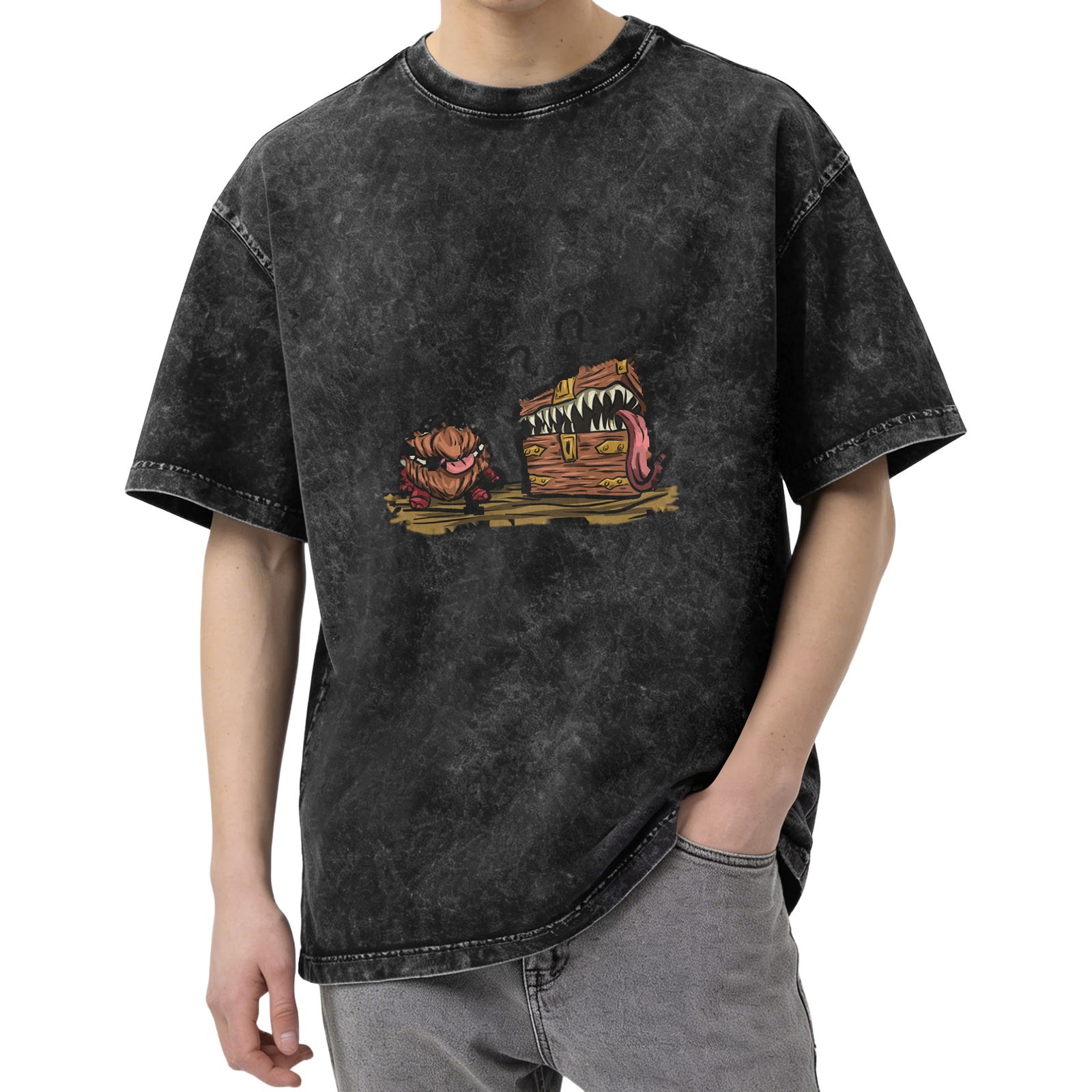 oversized acid wash t-shirt with mimic monster chest and creature graphic