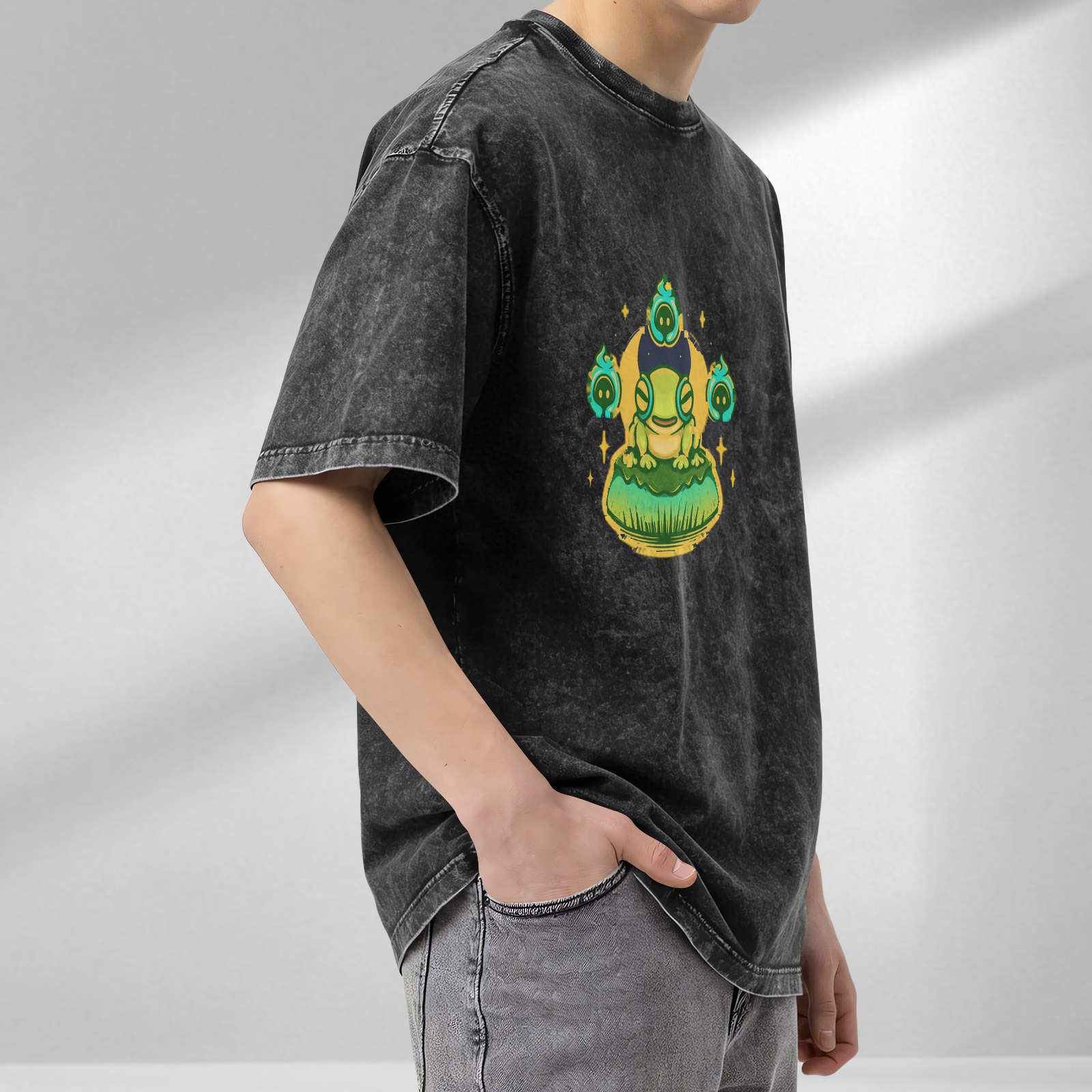 Oversized Acid Wash T-Shirt with Cute Frog and Ghost Flames Graphic