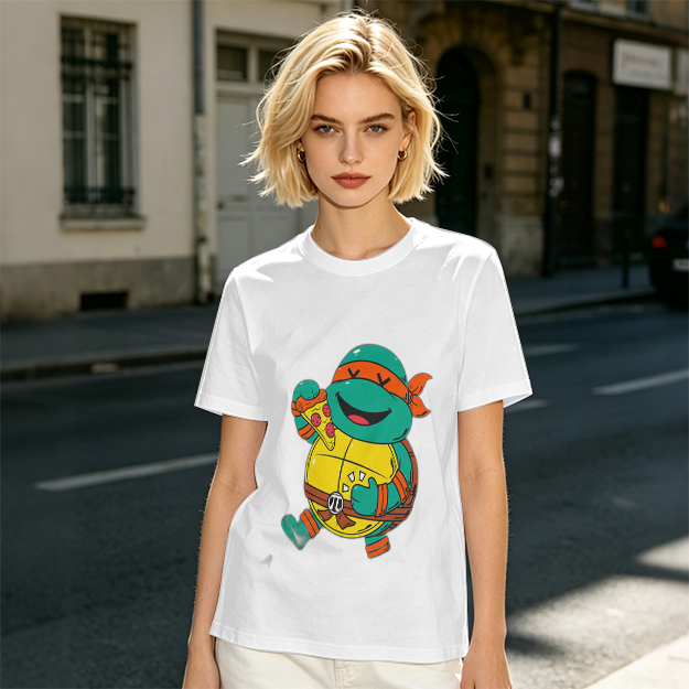 Olive T-shirt with cartoon ninja turtle holding pizza graphic