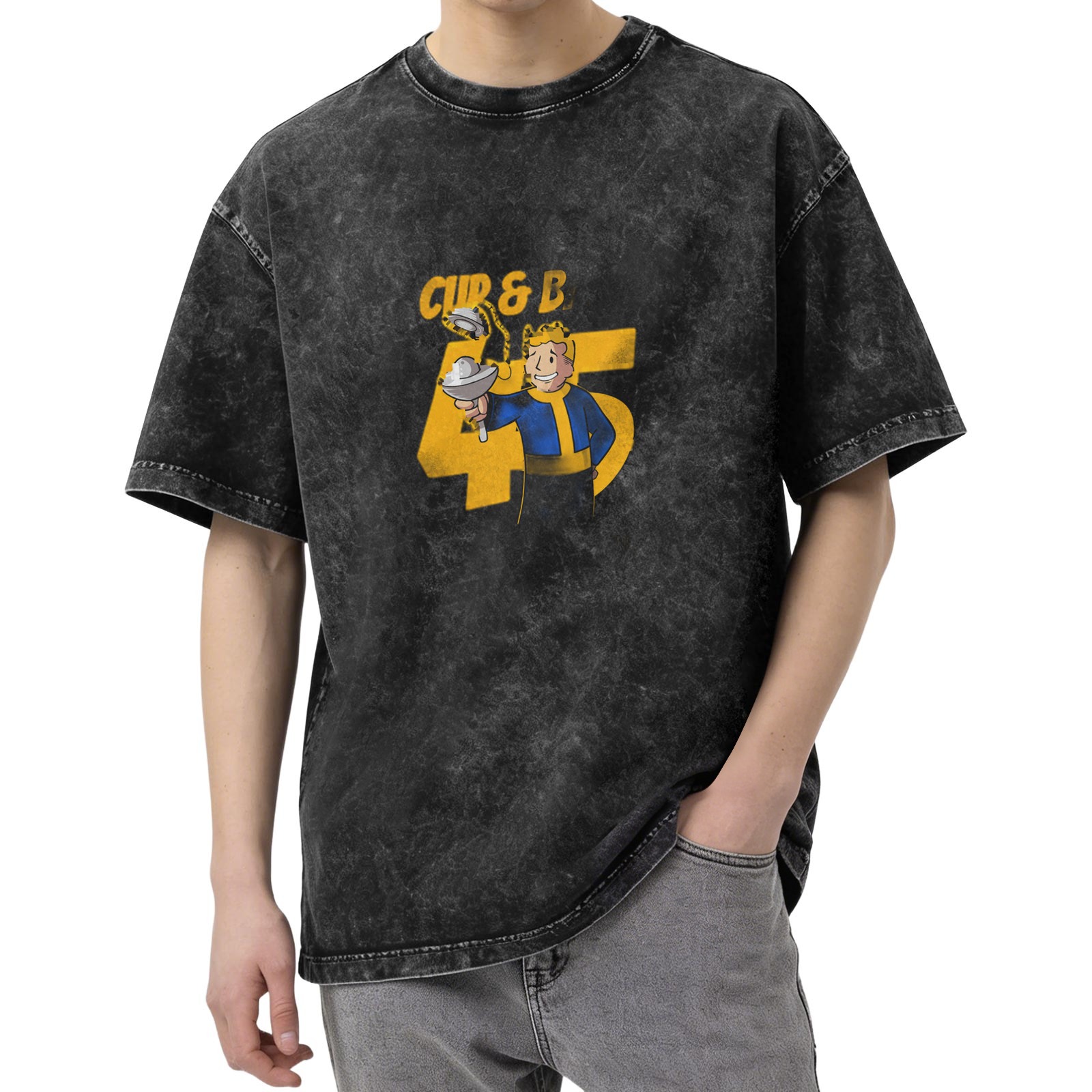 Oversized faded t-shirt with Vault Boy Cup & B 45 graphic