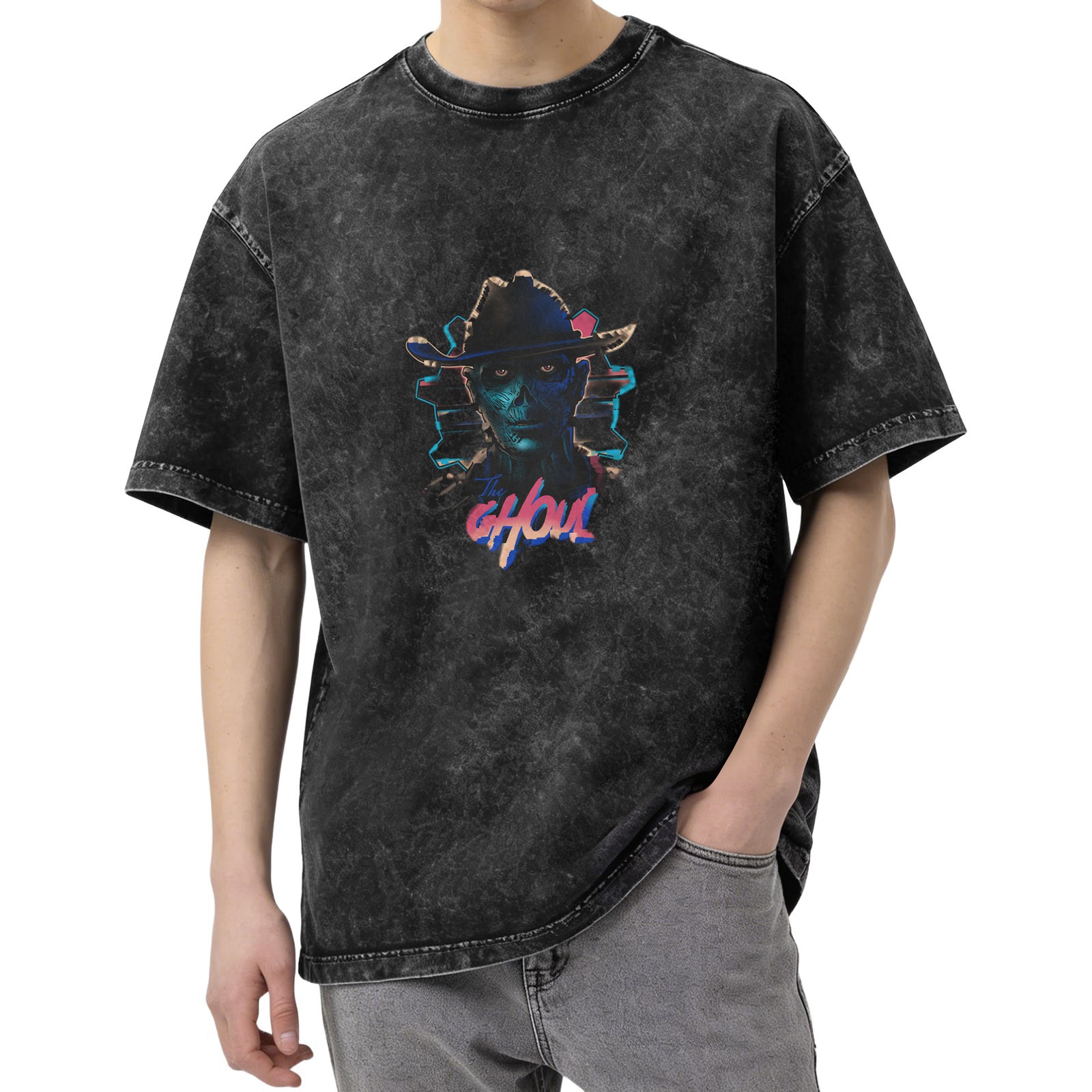 Washed Black T-Shirt with Retro The Ghoul Cowboy Skull Graphic