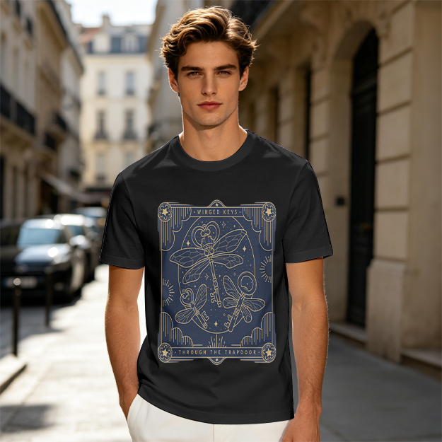 Olive t-shirt with winged keys tarot-style graphic design