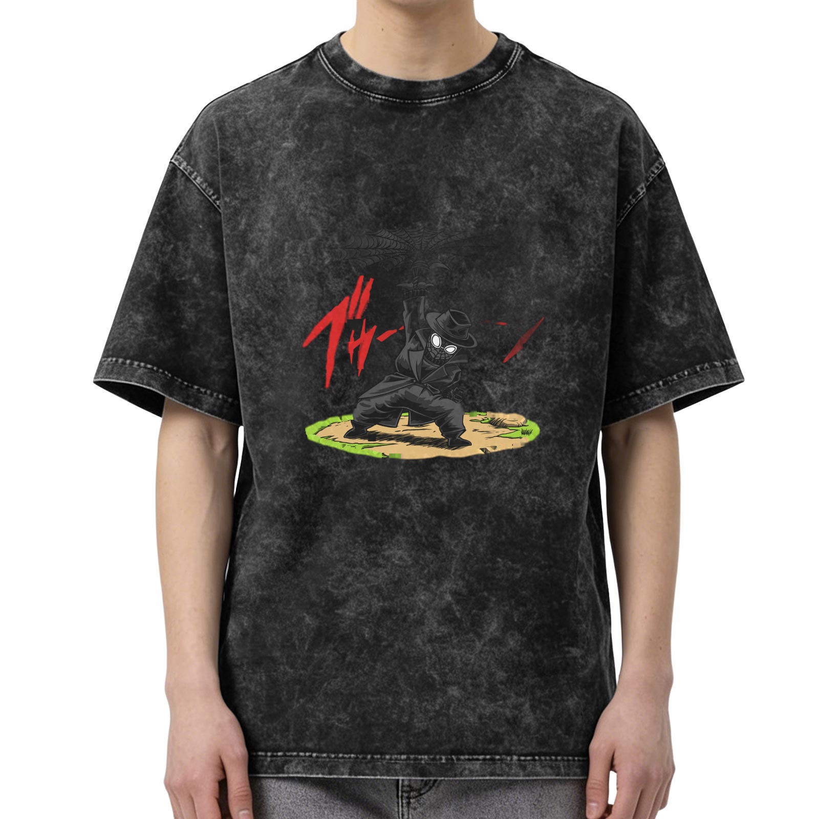 Washed black oversized t-shirt with anime ninja graphic print