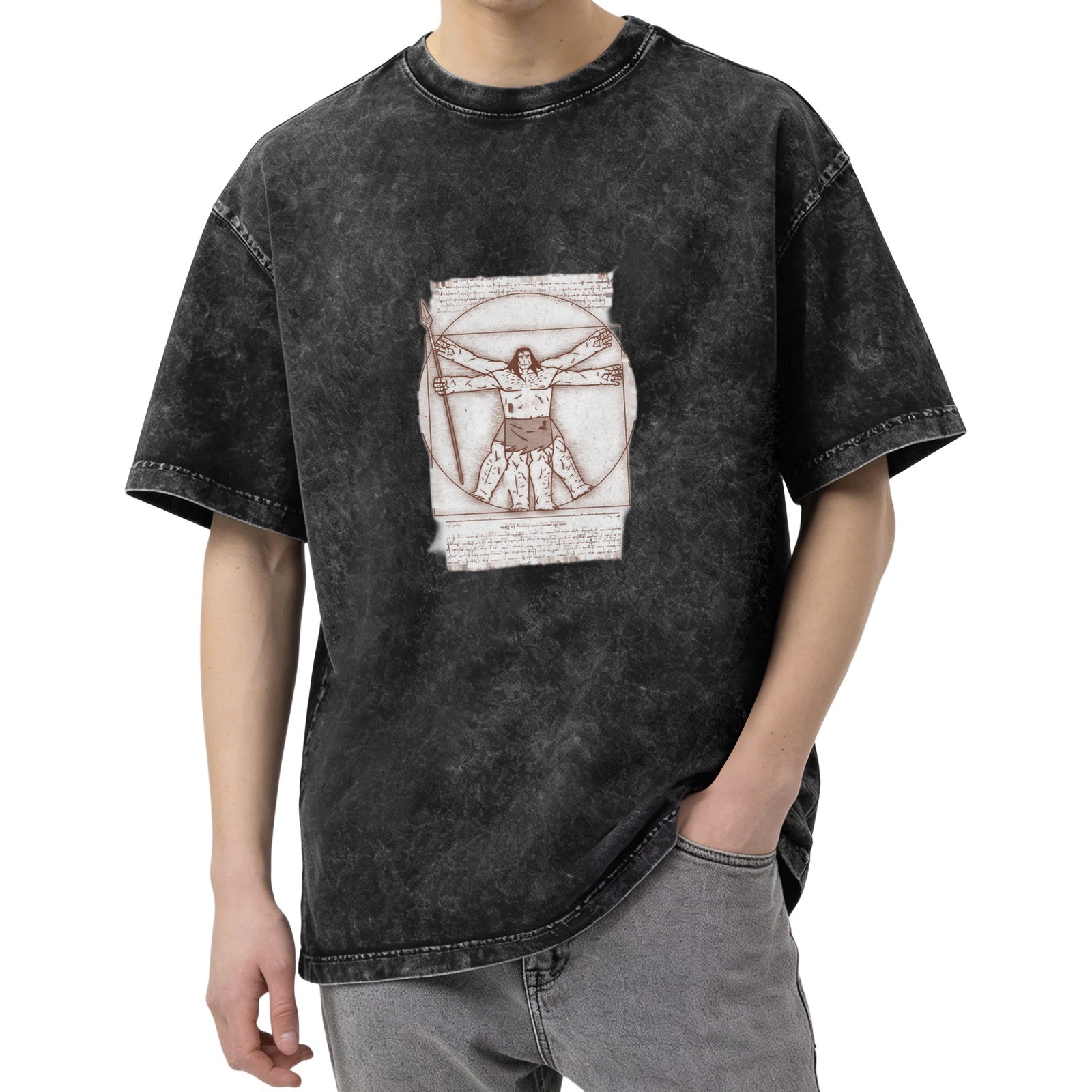 Oversized Acid Wash T-Shirt With Vitruvian Barbarian Print