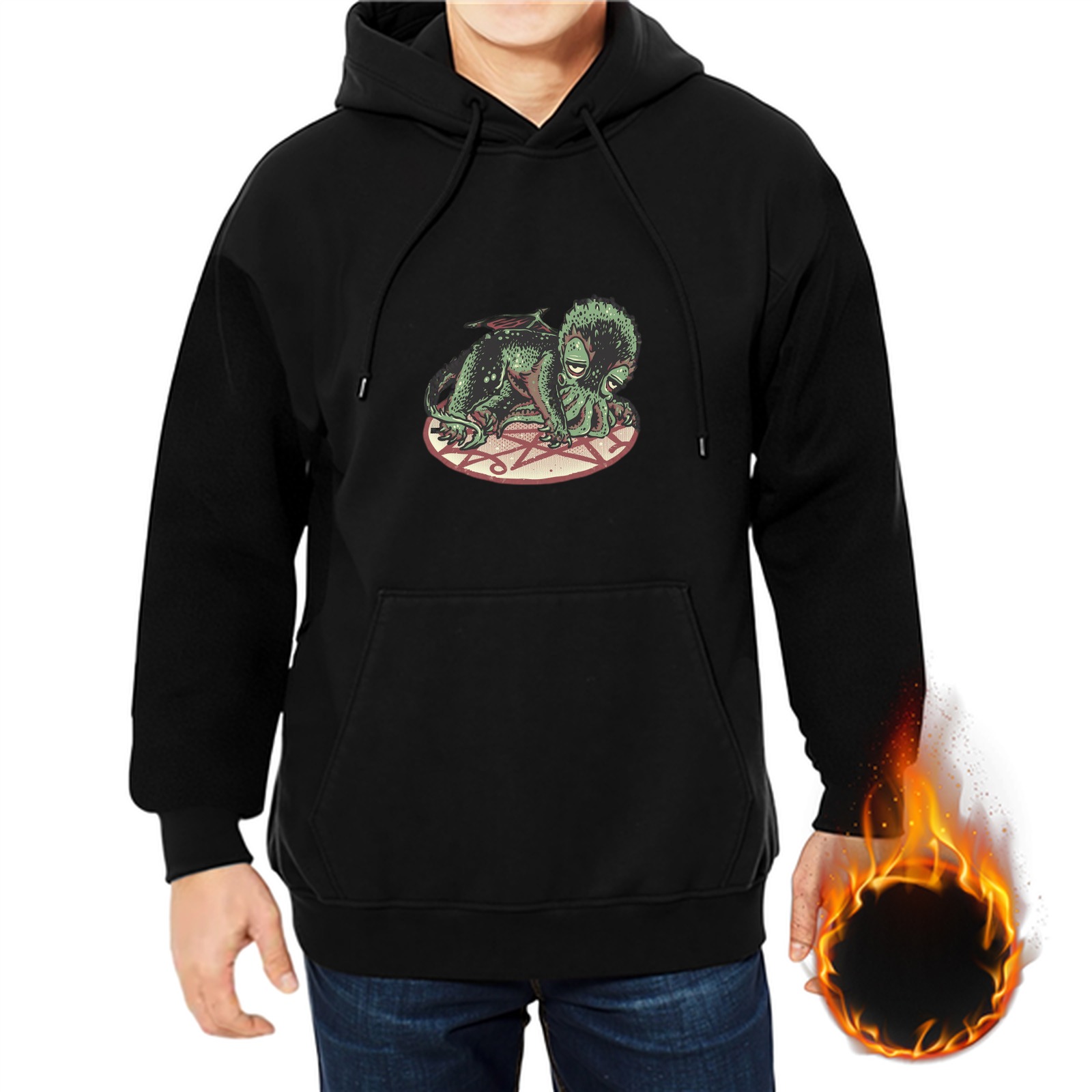 Black hoodie with cthulhu demon pentagram graphic print