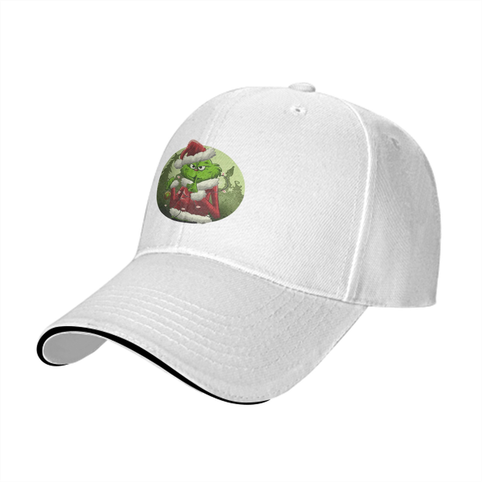 Black baseball cap with Grinch in Santa costume graphic