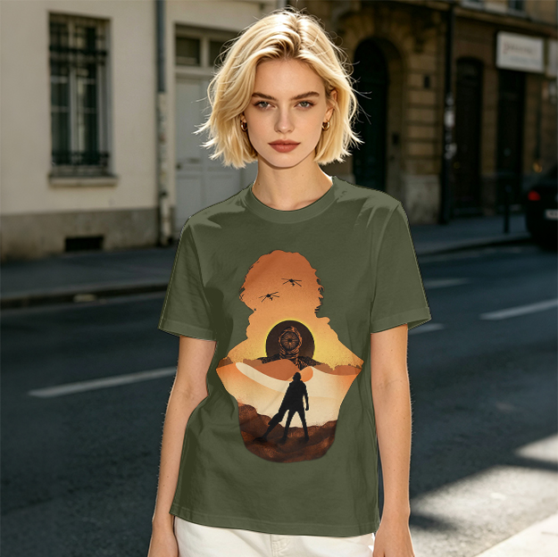 Olive Green T-Shirt With Desert Sunset Silhouette Graphic