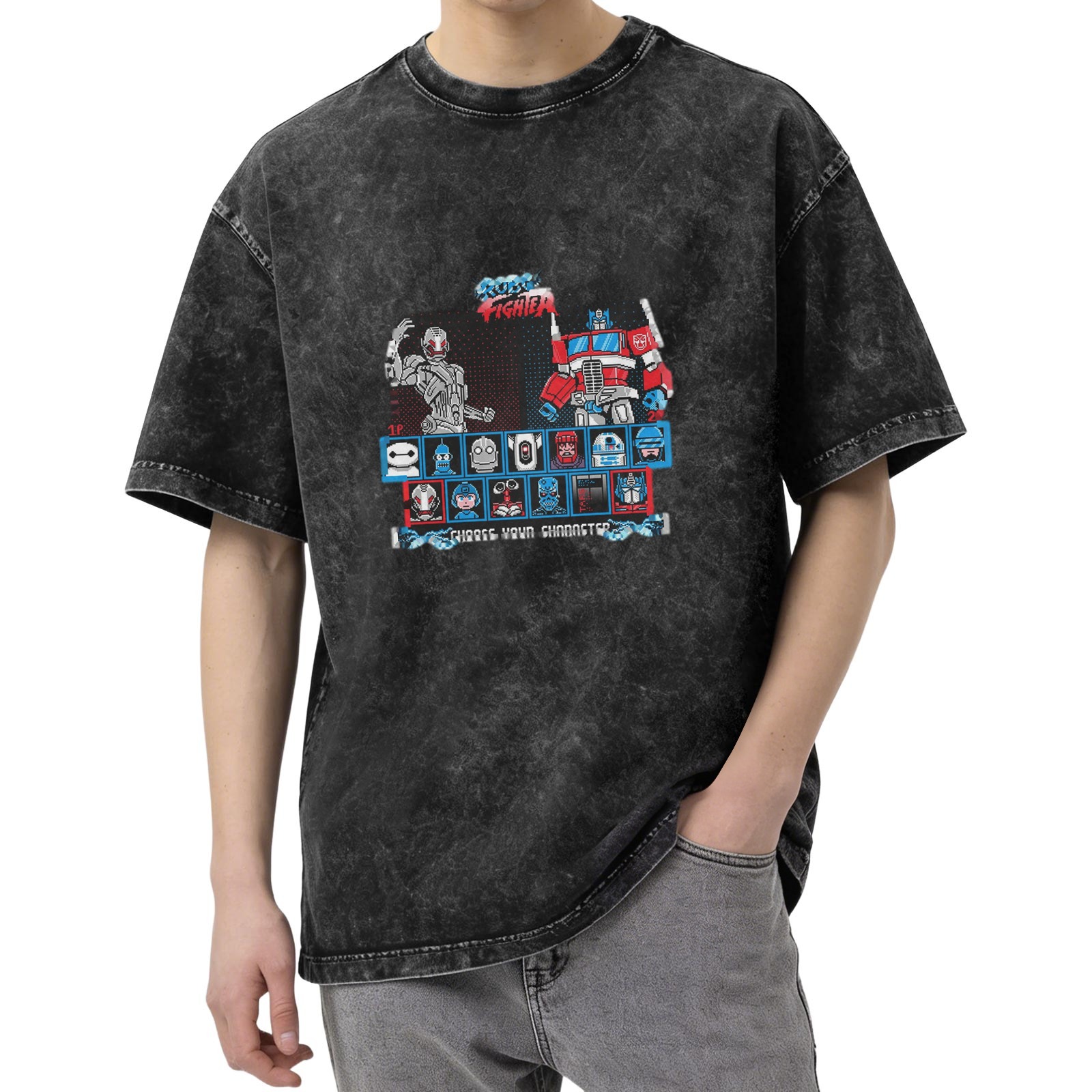 Vintage Washed Black T-Shirt with Robot Fighter Character Select Graphic Design