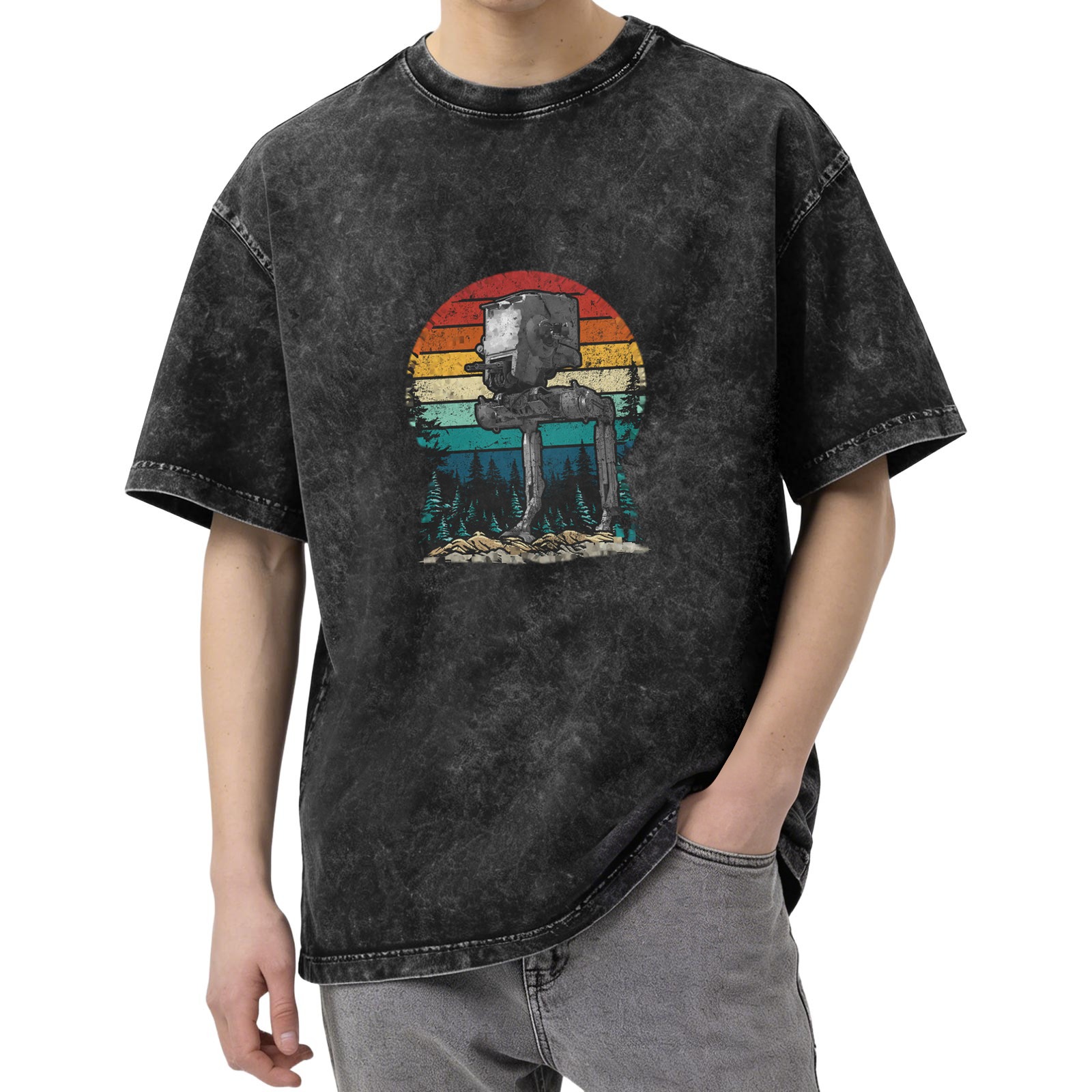 Star Wars AT-ST Walker Retro Sunset Forest Acid Wash T-Shirt