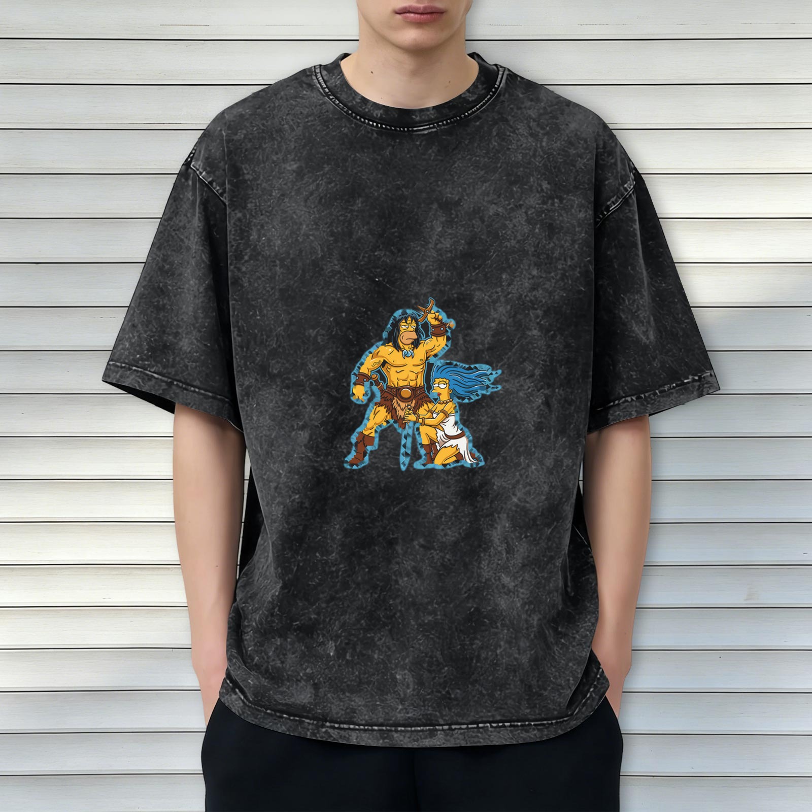Washed Black T-Shirt with Simpsons Barbarian Print
