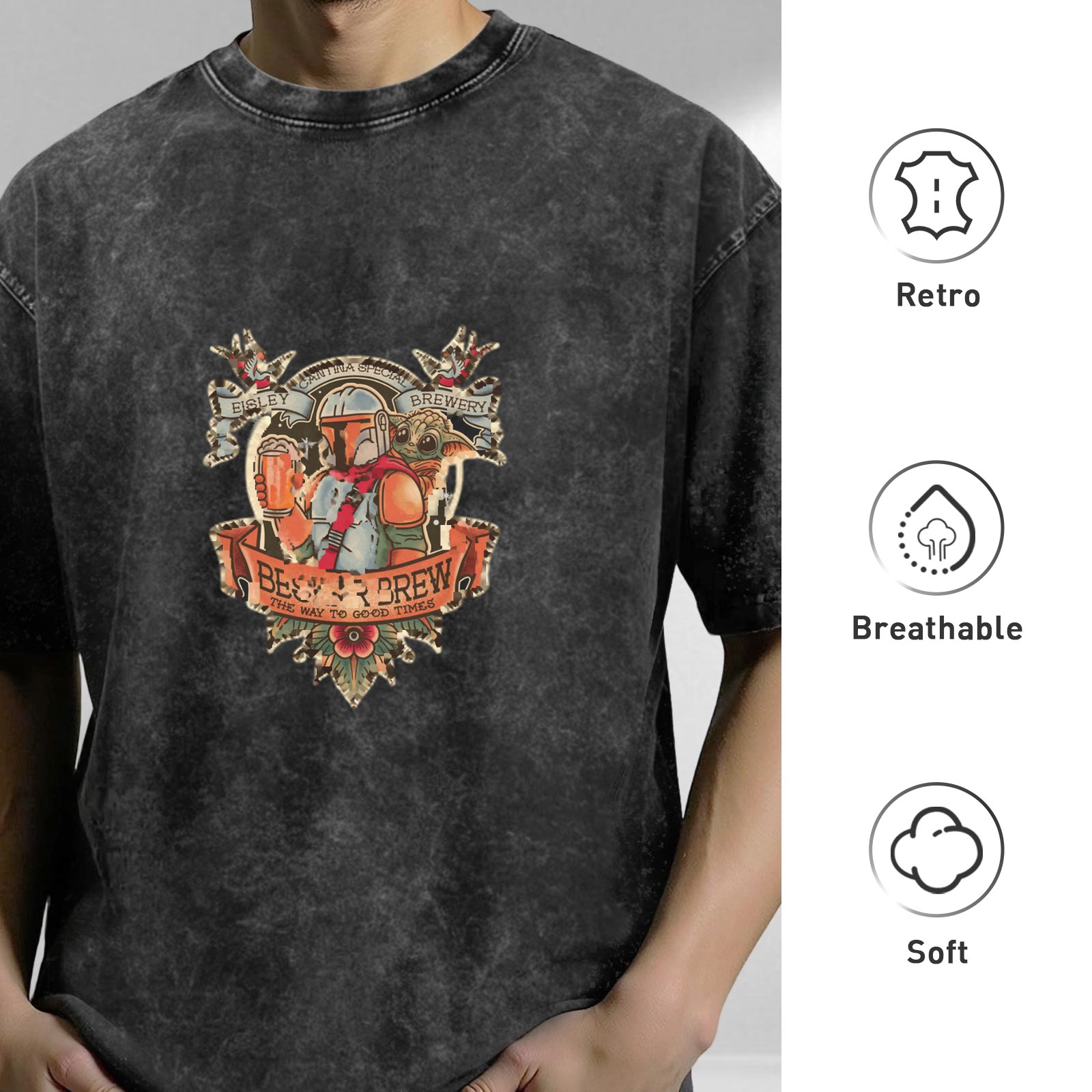 Washed Black Graphic T-Shirt with Mandalorian Beer Brew Design