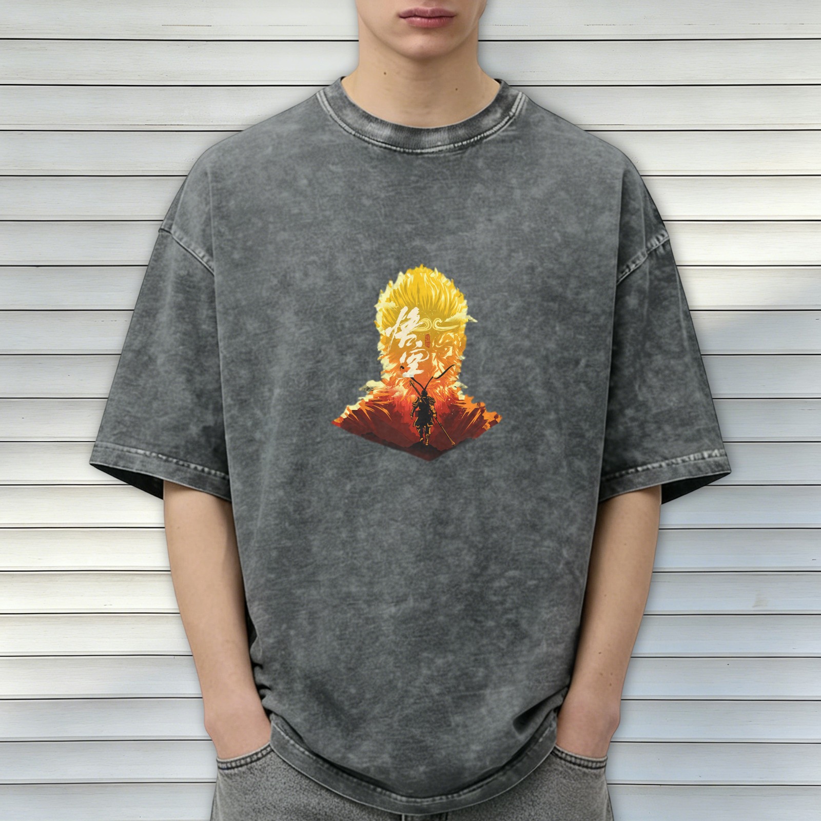 Wukong Graphic Washed Black Short Sleeve T-Shirt