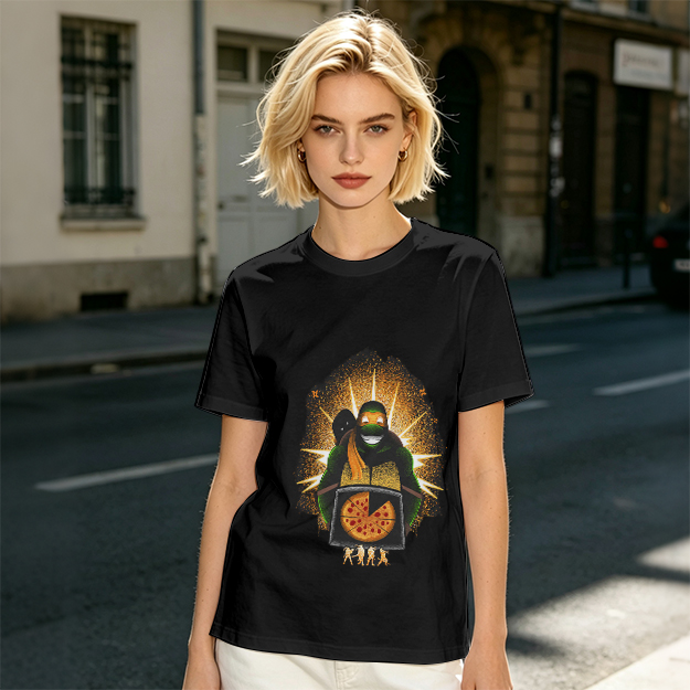 Olive T-shirt with Teenage Mutant Ninja Turtle Pizza Graphic