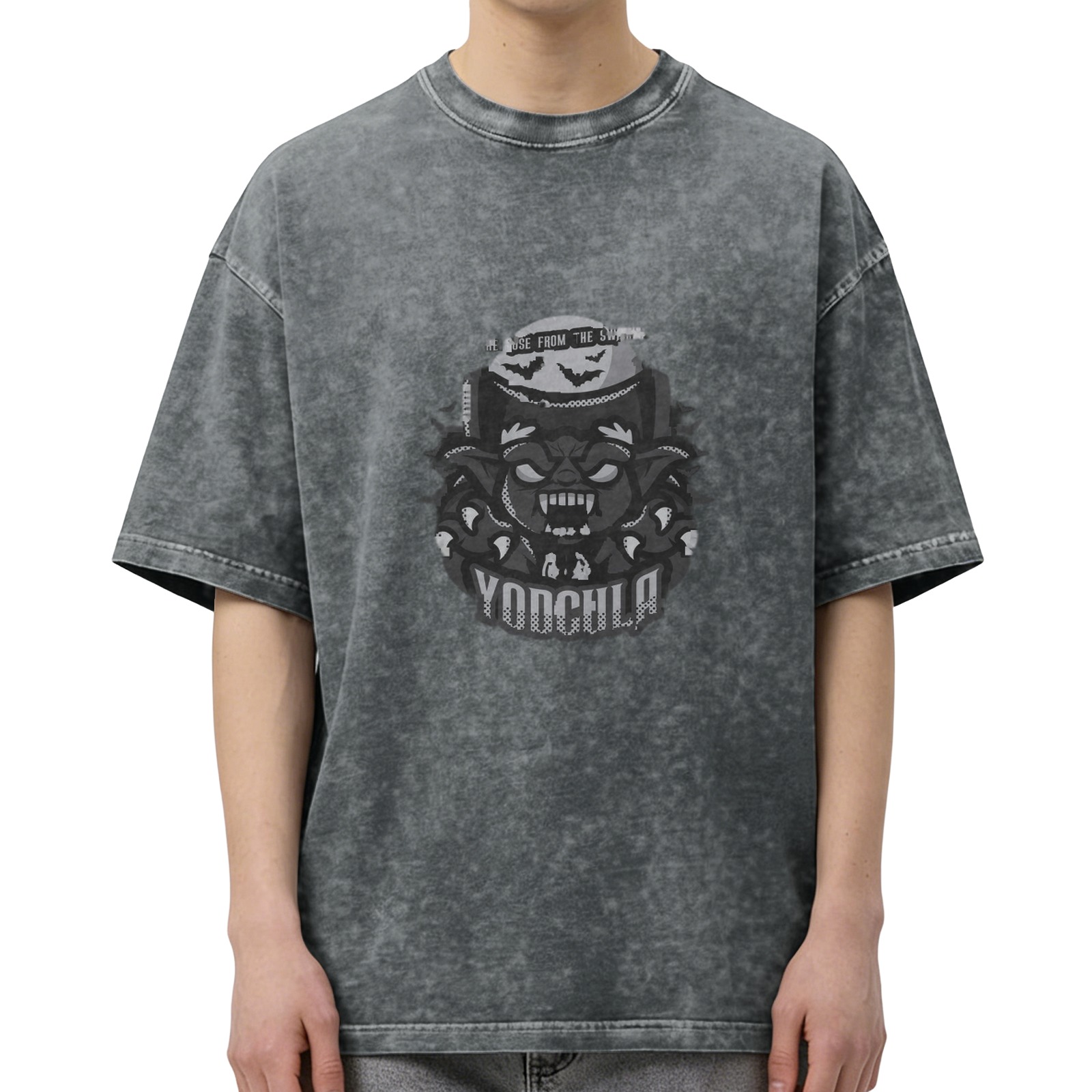 Oversized dark washed graphic t-shirt with vampire monster print