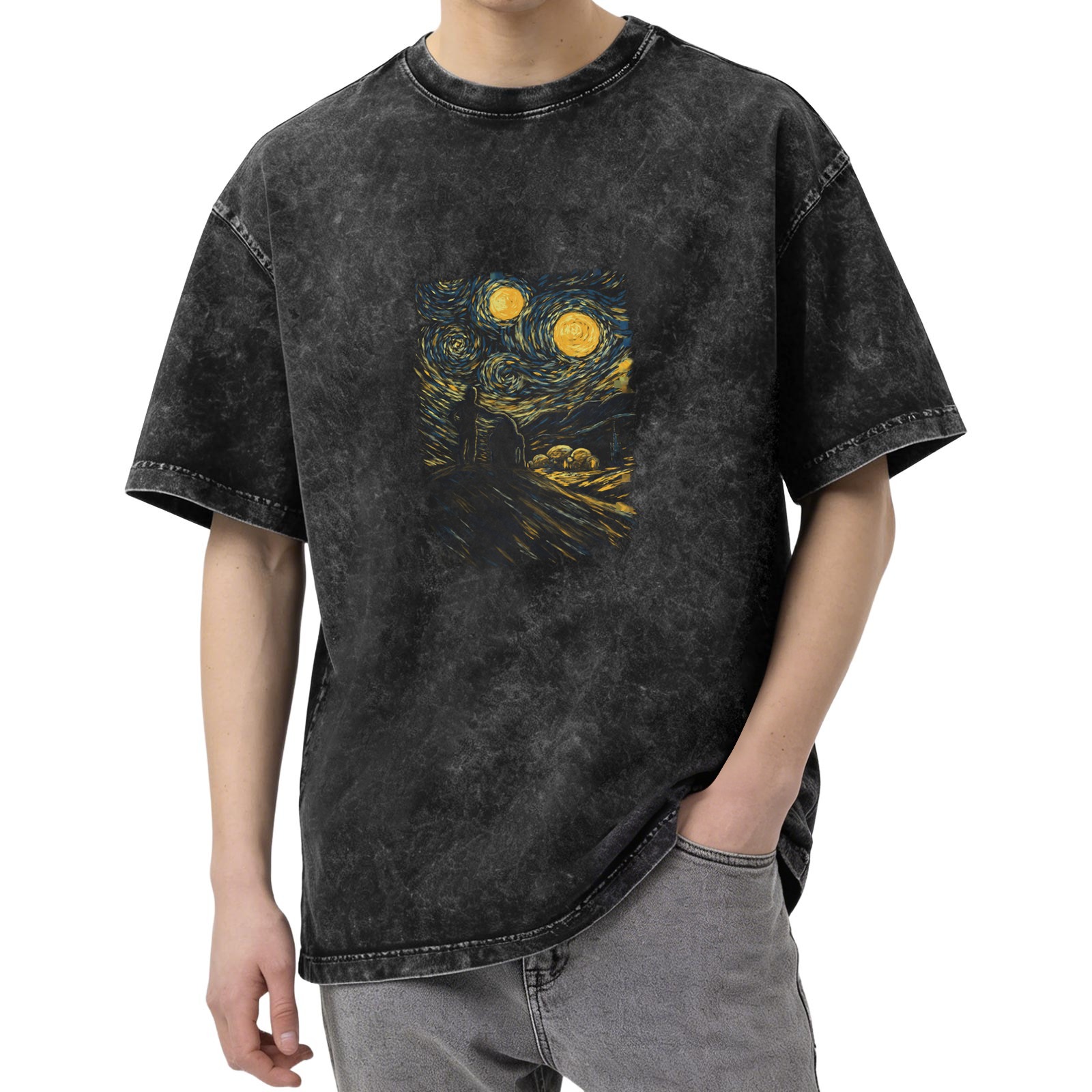 Oversized Washed T-Shirt with Starry Night Art Print